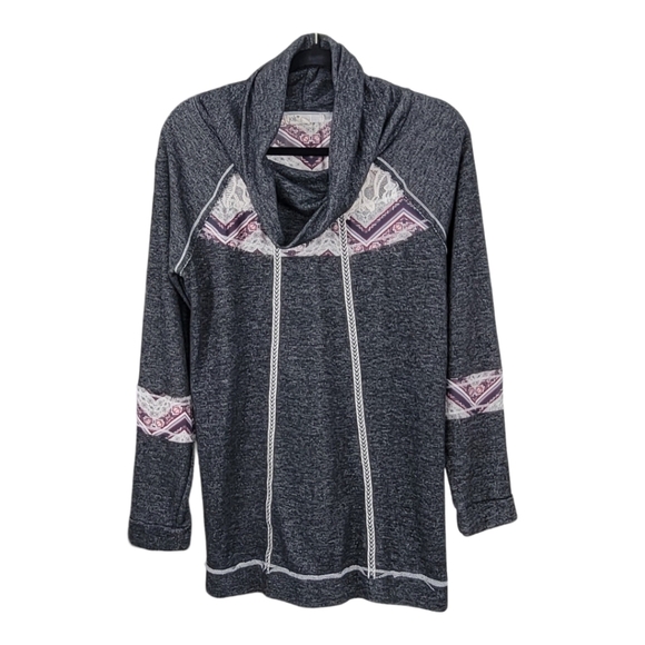 Jolt Sz M Pullover Cowl Neck Sweater Top Grey Aztec Mixed Media - Picture 1 of 9